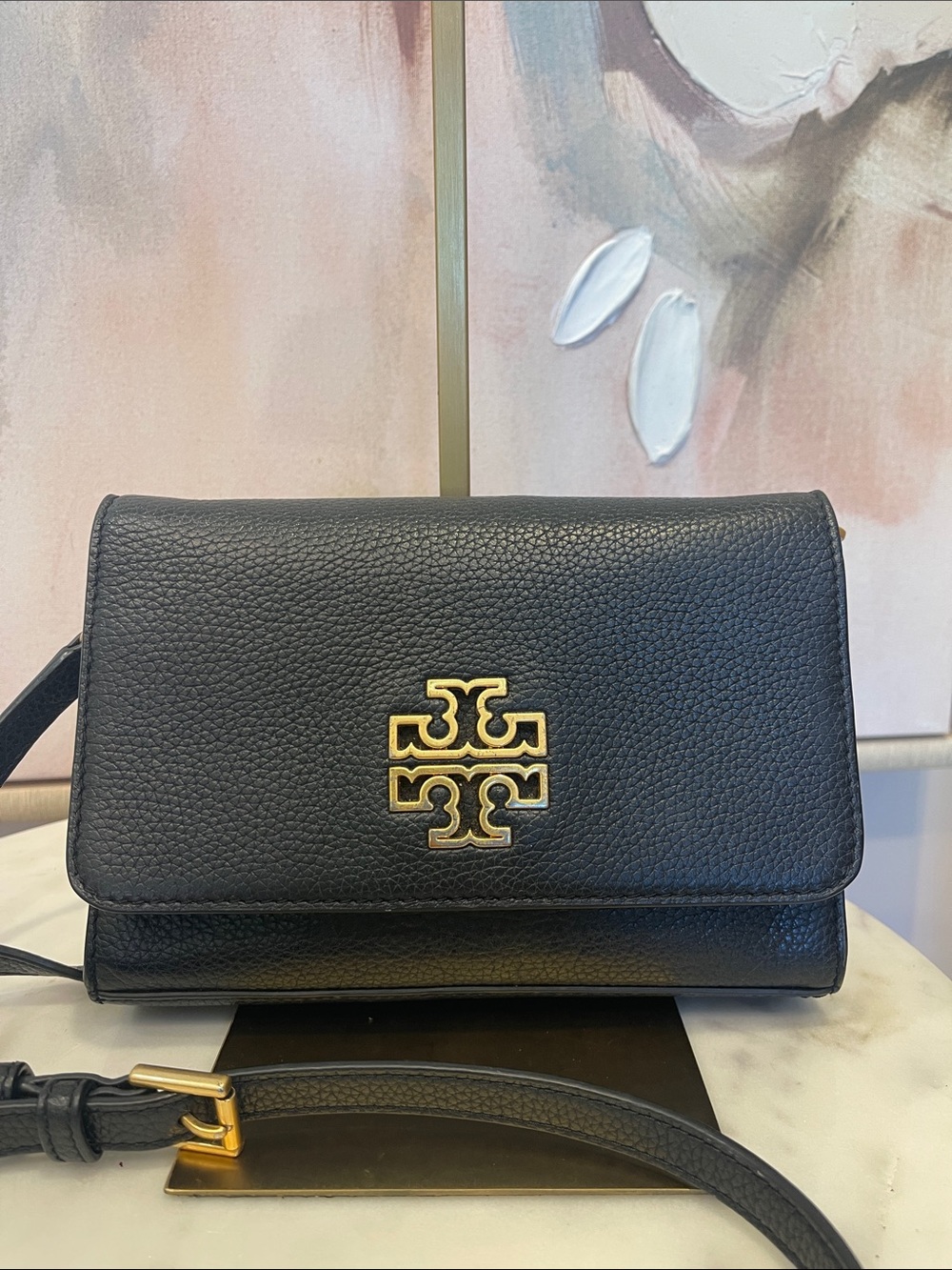 Tory Burch Black Pebbled Leather Crossbody with Gold Logo
